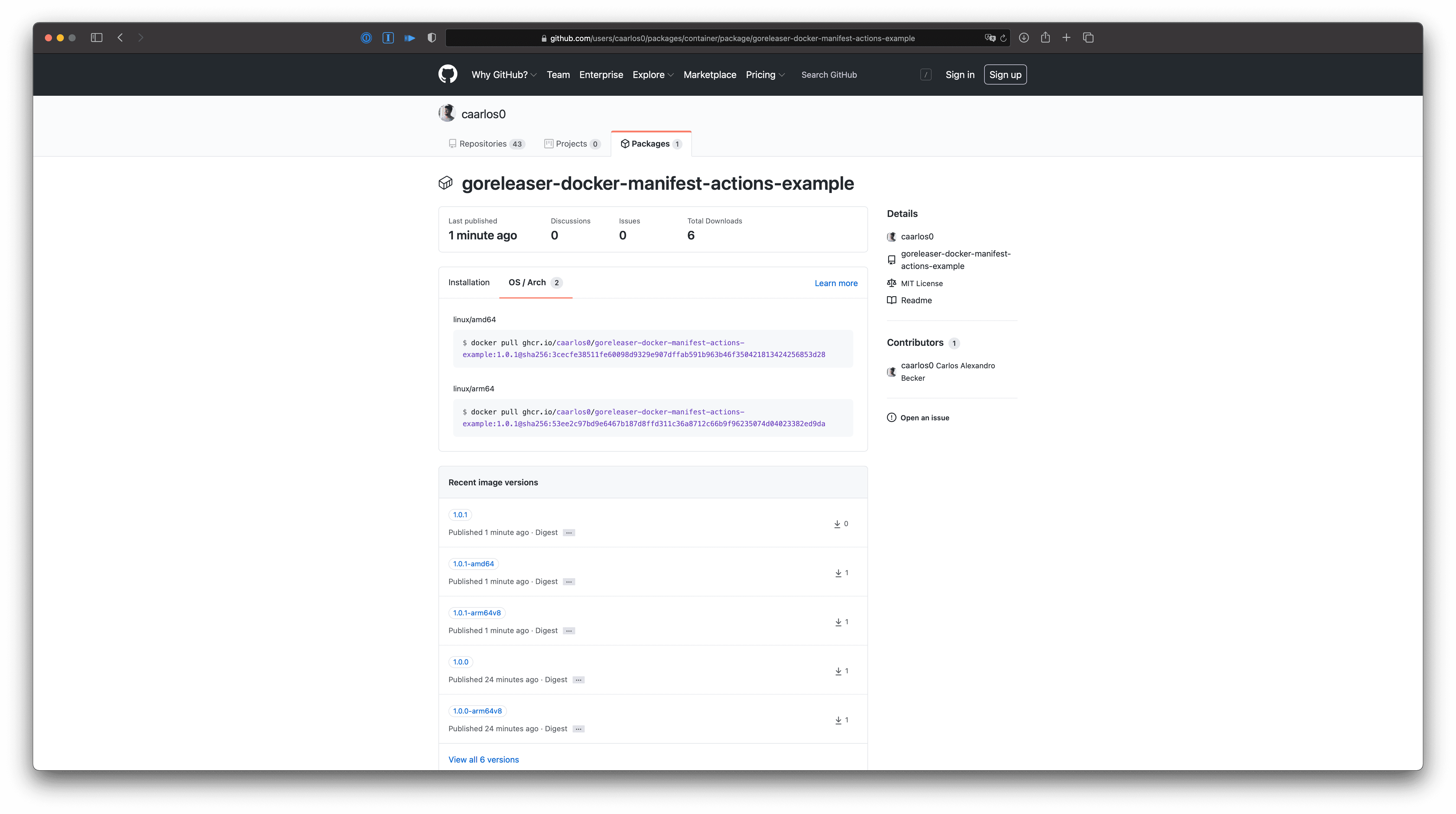 GitHub Container Registry showing both OS/Arch combinations we provided.